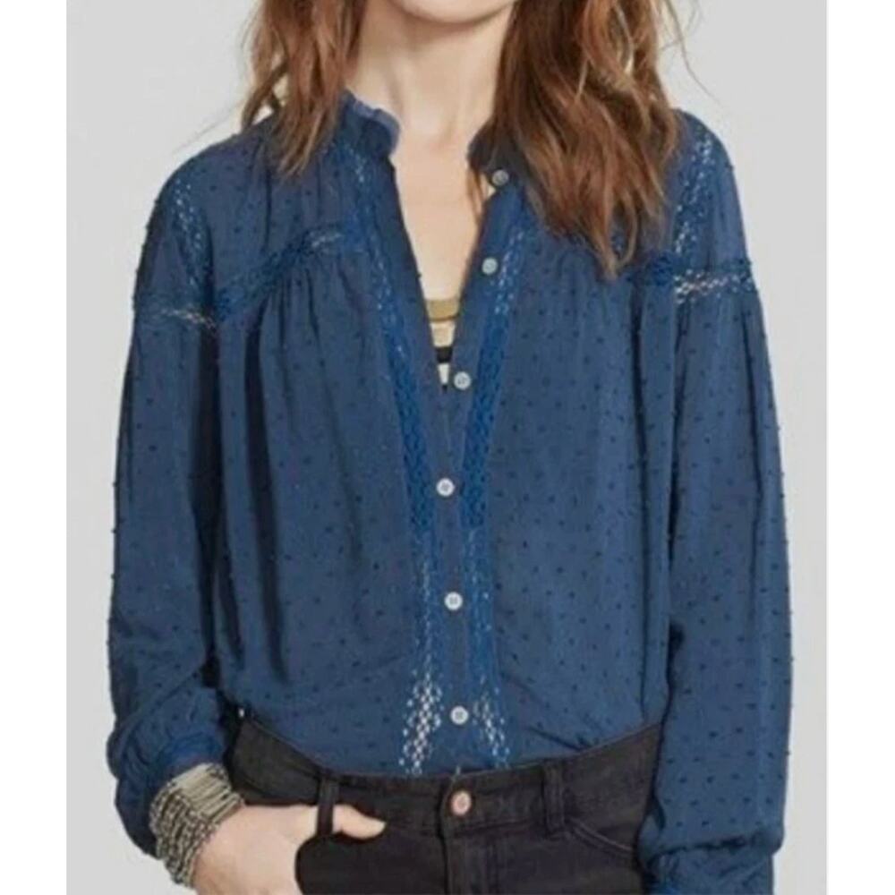 Free People Every Day Girl Swiss Dot Blue Shirt Size Medium